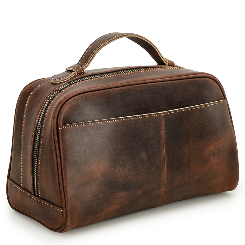 Black Angel Vintage Crazy Horse Leather Portable Unisex Storage Bag Large Capacity Genuine Leather Cosmetic Bag Washing Bag - Image 3