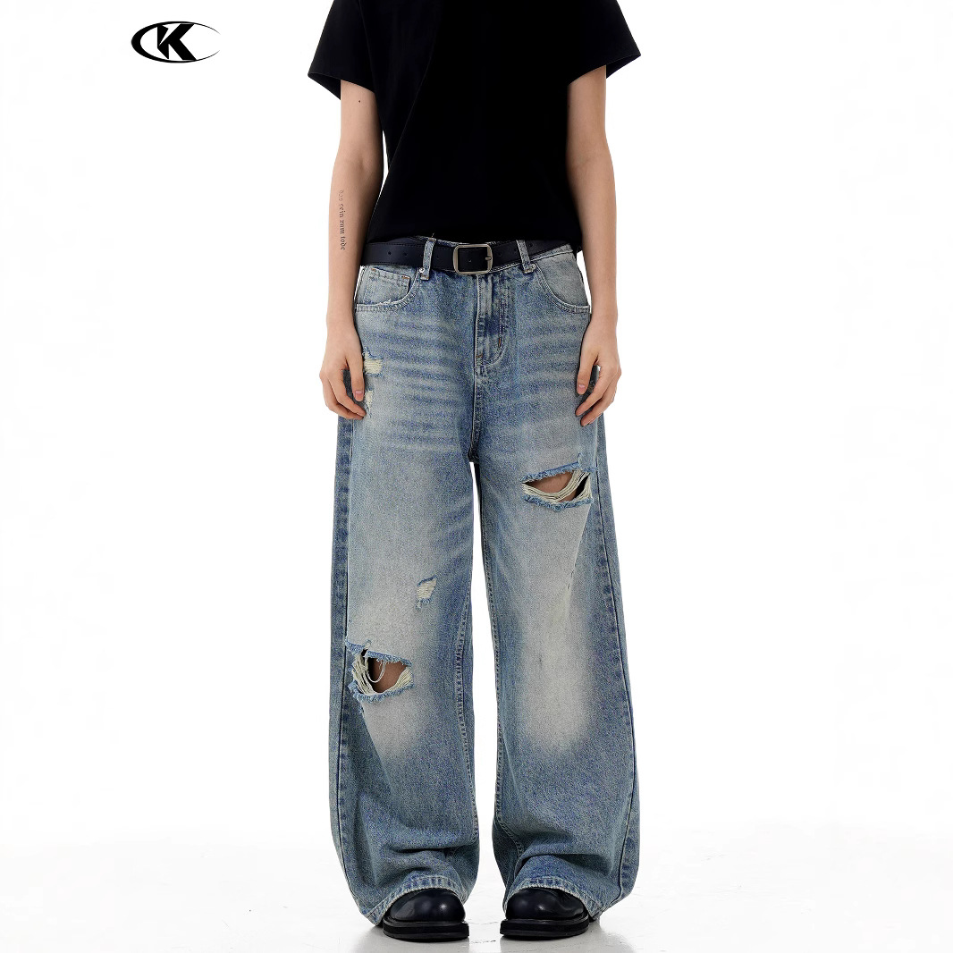 11KN American Retro Washed Blue Straight Leg Ripped Jeans, Unisex, Loose Fit, Slimming A-line Wide Leg Casual Pants - Image 2