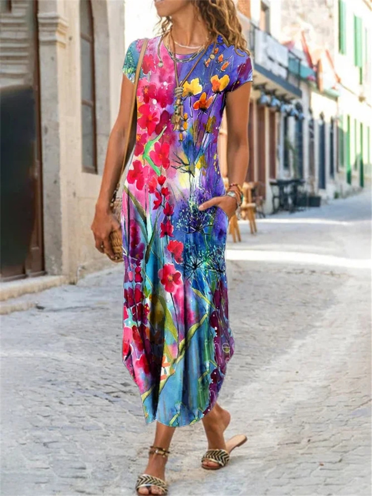 2021 European and American cross-border new Amazon independent station women's round neck pocket short-sleeved trendy printed dress - Image 3