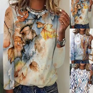 [Spot] Amazon AliExpress wish2022 autumn and winter round neck floral printed bottoming long-sleeved printed T-shirt