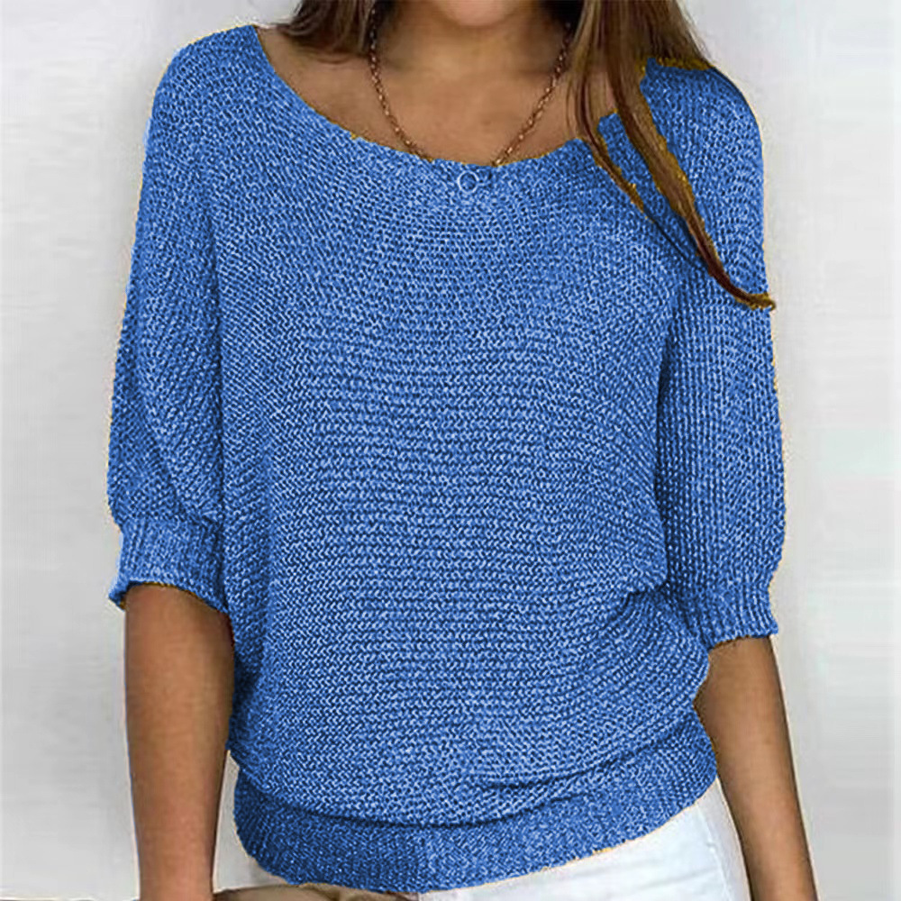 2026 New Russian AliExpress Wish Solid Color Crew Neck Knitted Top Women's Three-Quarter Sleeve Top Air Conditioning Shirt In Stock - Image 24