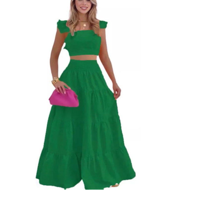 2023 summer European and American cross-border new temperament sexy solid color mid-waist suspenders two-piece suit dress - Image 3