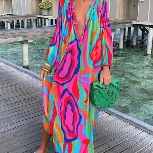 2022 independent station wish Amazon hot style autumn V-neck loose long-sleeved printed dress women's clothing