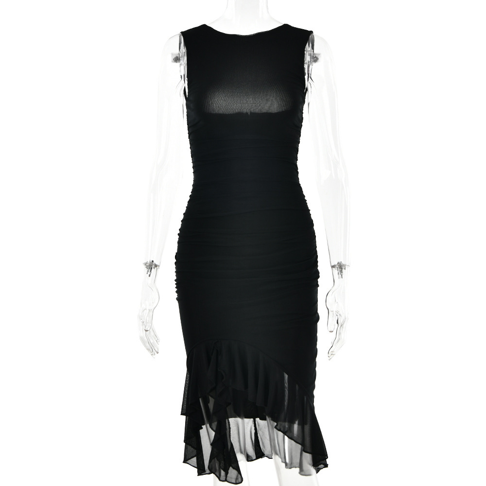 European and American cross-border 2023 new fashion mesh tight backless irregular pleated dress summer women's wholesale - Image 3