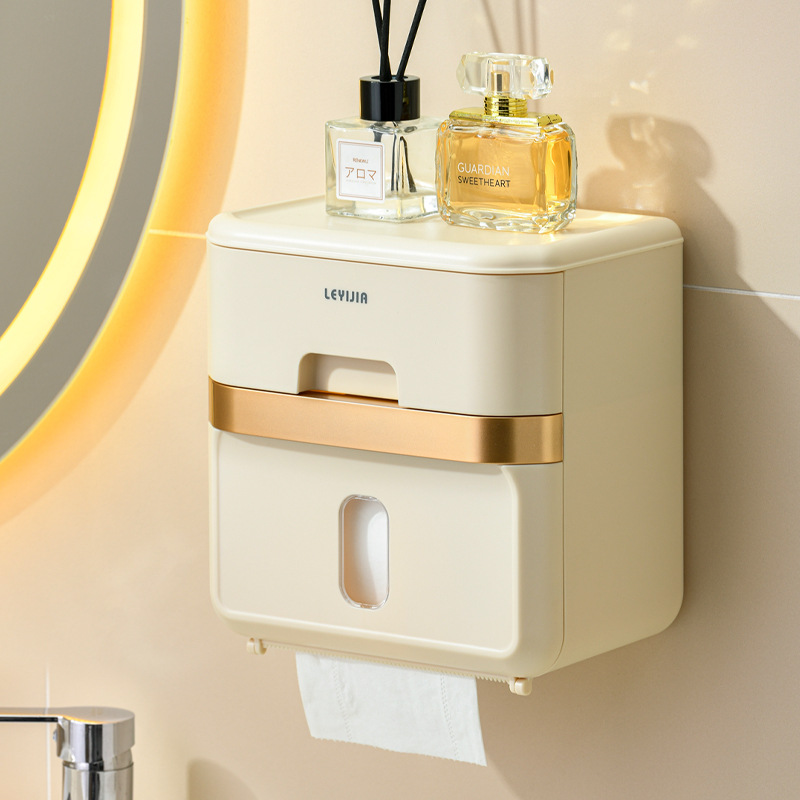 Cream wall-mounted tissue box bathroom toilet punch-free cream-colored light luxury paper box home storage rack