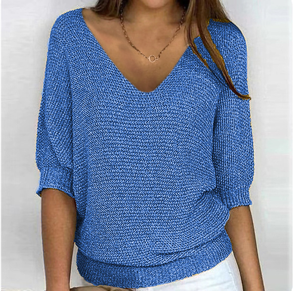 2026 New Russian AliExpress Wish Solid Color Crew Neck Knitted Top Women's Three-Quarter Sleeve Top Air Conditioning Shirt In Stock - Image 32
