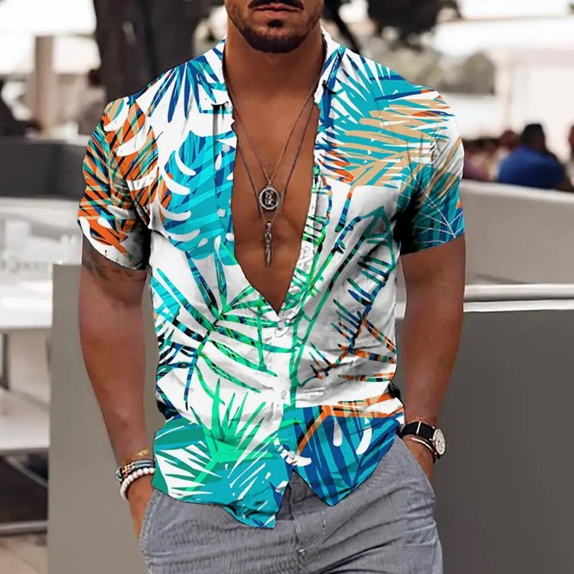 Cross-border foreign trade 2023 men's Hawaiian short-sleeved shirt men's lapel shirt holiday casual T-shirt - Image 25