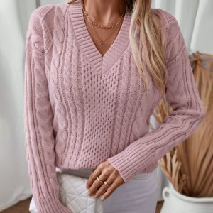 Fur-trimmed V-neck pullover European and American style women's knit sweater, 2024 autumn/winter new retro cable knit cross-border women's clothing sweater