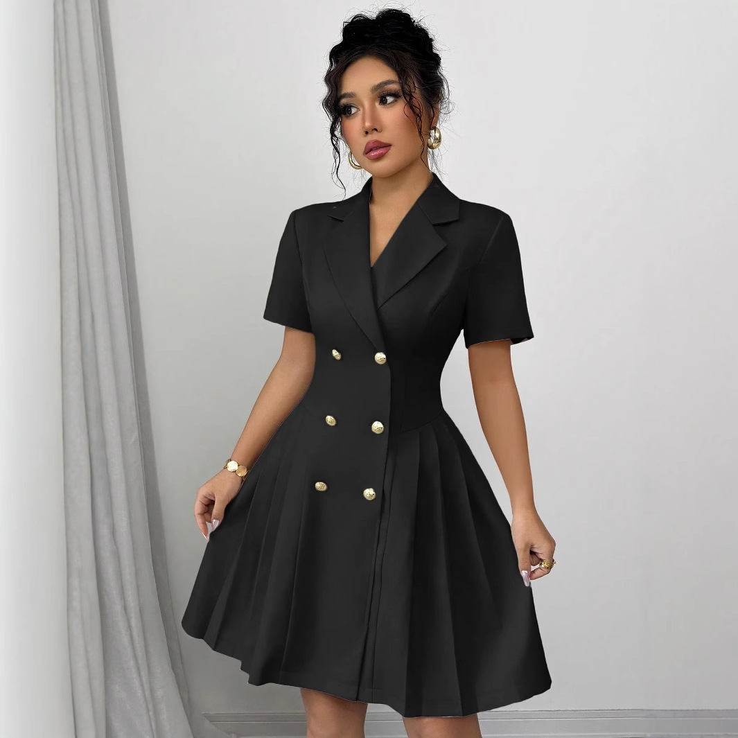 2025 Amazon AliExpress Summer New Solid Color Short-Sleeve Slim Waist Double-Breasted Dress for Women - Image 2