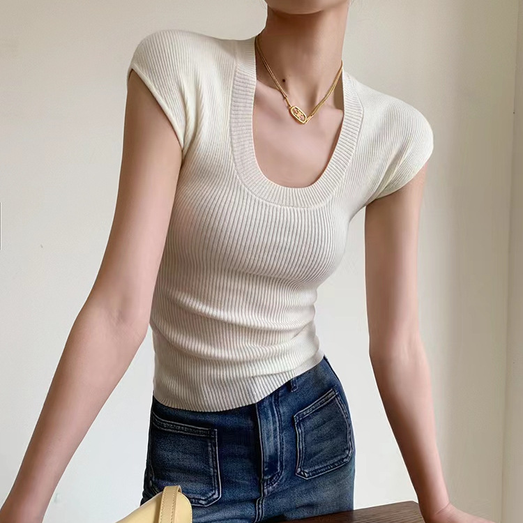French Style U-Collar Qu Zhu Short-Sleeved T-shirt Women's Clothing 2023 Summer New Simple Slim-Fit Figure Flattering Knitted Shirt Fashion - Image 4