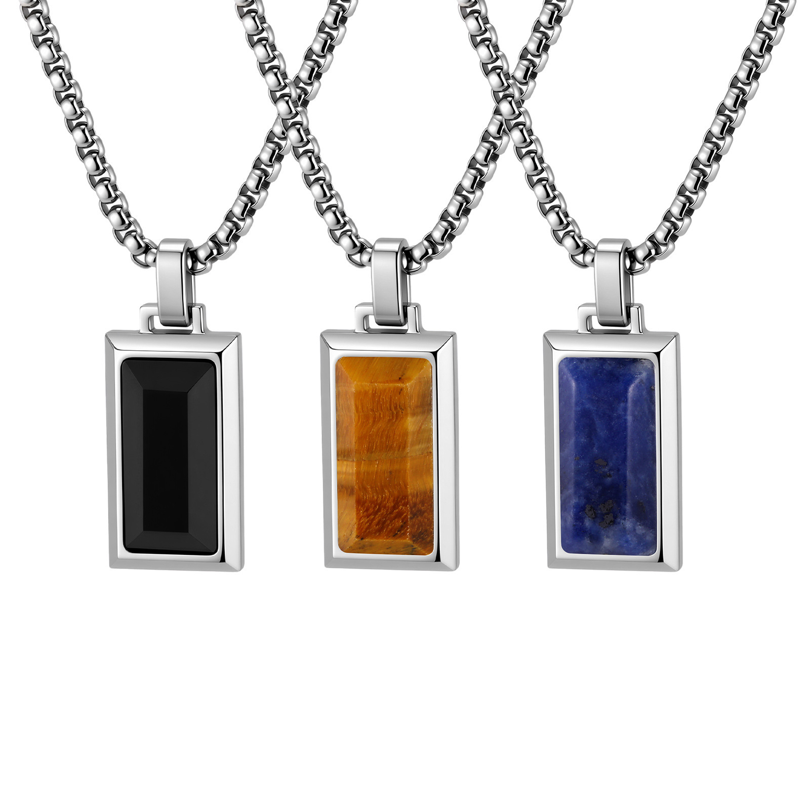 Niche high-end design stainless steel rectangular pendant with black agate natural stone, fashionable retro style, PN2379 - Image 5