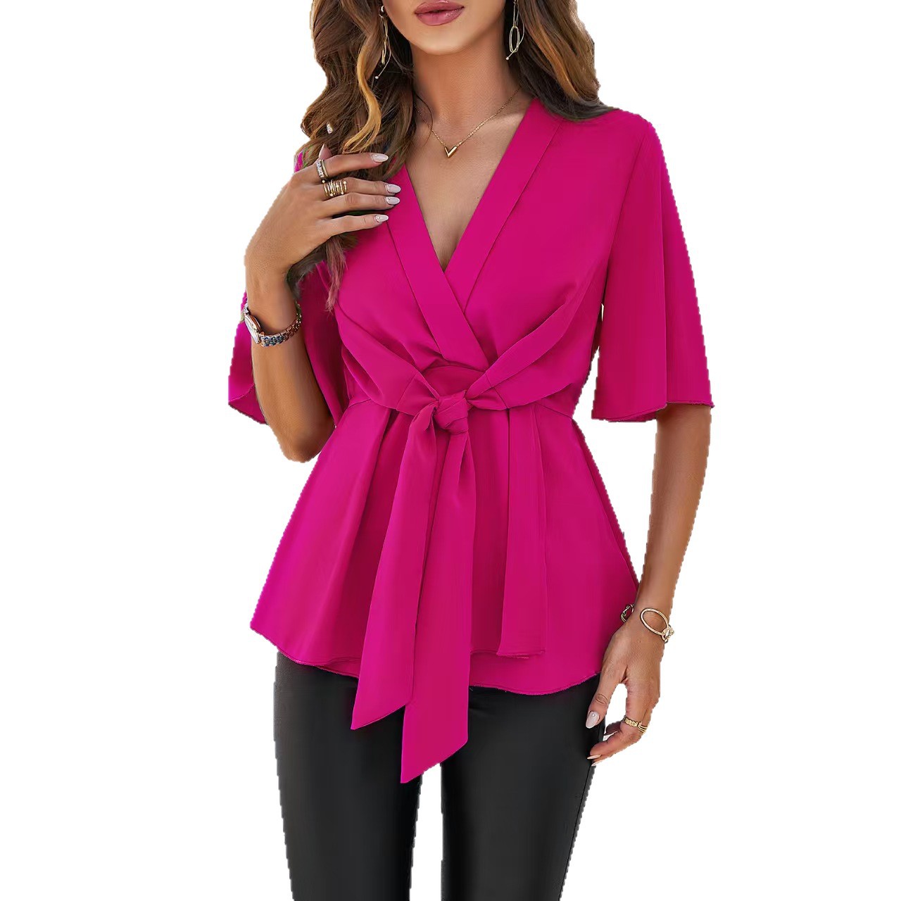 Amazon cross-border e-commerce women's clothing spring/summer V-neck solid color elegant five-sleeve tie waist-cinching top - Image 5