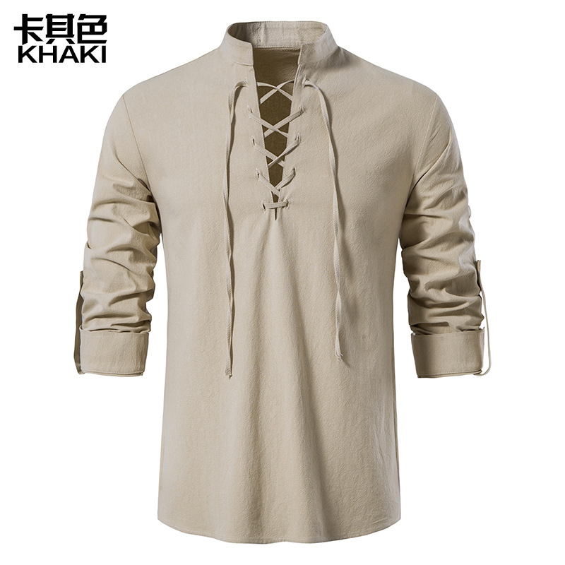 2023 Men's New Amazon Men's Cotton and Linen Henley Shirt Long Sleeve Hippie Casual Beach Stand Collar Shirt European Size - Image 4
