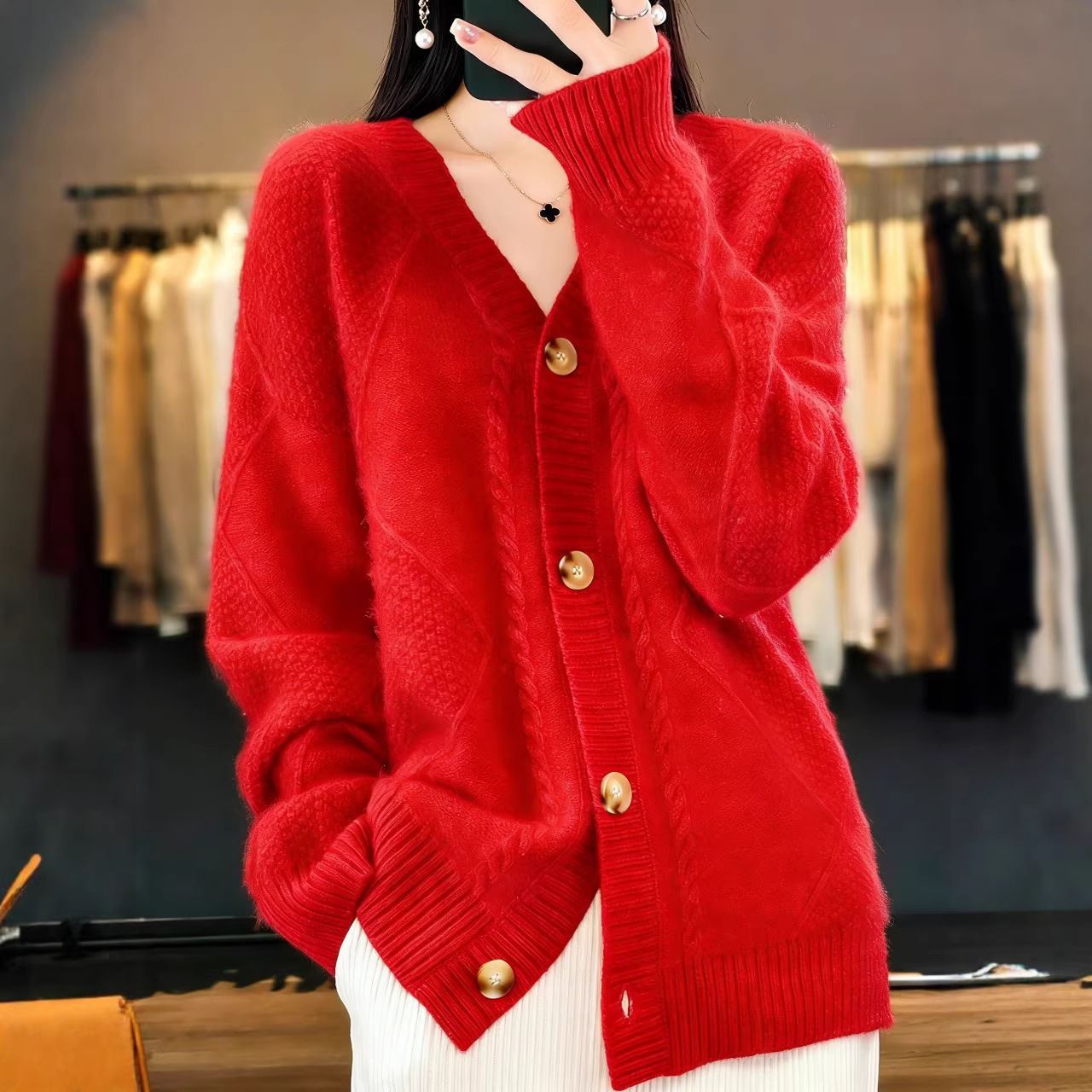 2026 Spring Cross-Border US Size Autumn/Winter New Solid Color Long Sleeve V-Neck Knitted Cardigan, Button-Up Sweater, Women's Outerwear - Image 8
