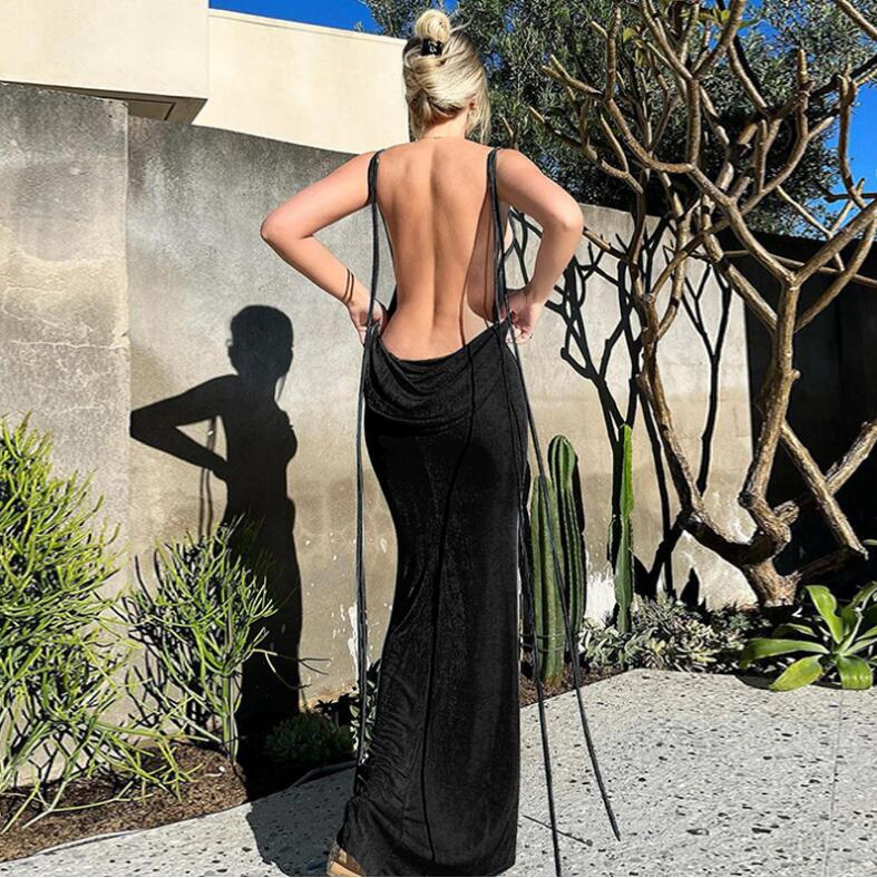 European and American style 2024 summer new fashionable sexy backless tie-up elegant long dress strapless halter neck dress wholesale - Image 6