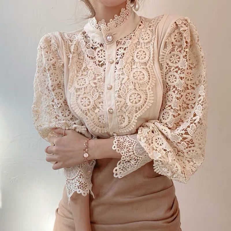 French Loose Chic Button Heavy Industry Lace Hollow Flower Stitching Long Sleeve Stand Collar Shirt - Image 6