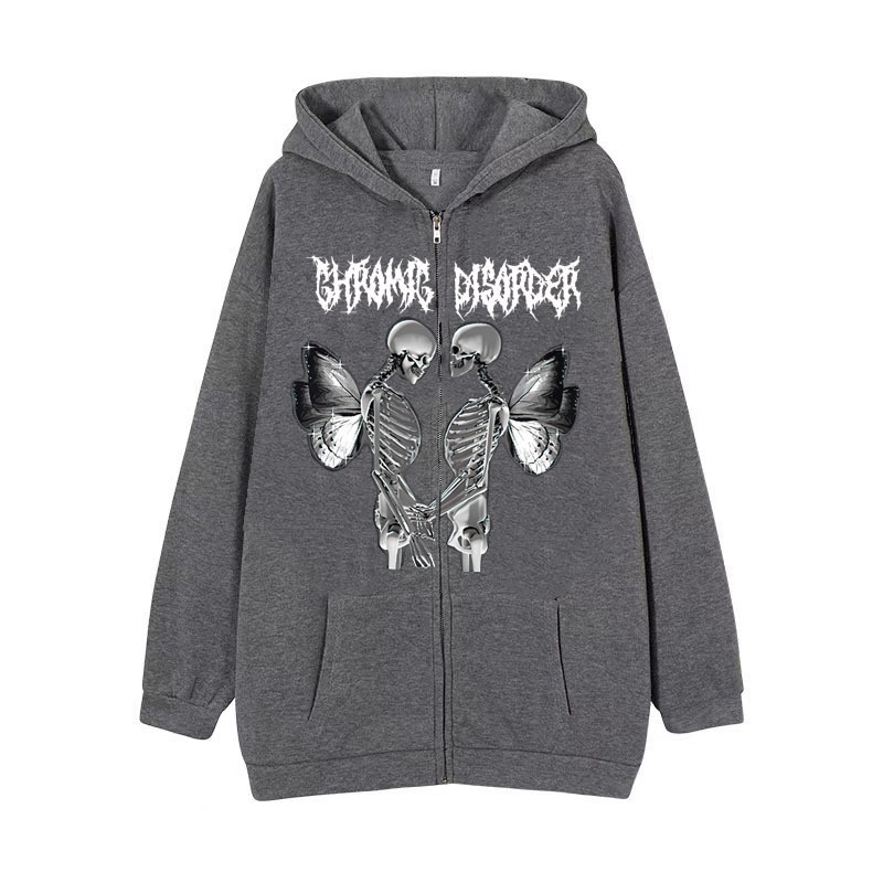 New arrival Skull Wings Hooded Zipper Sweatshirt Women Korean Style Plus Velvet Thickened Loose Sports Cardigan Sweatshirt Women - Image 13