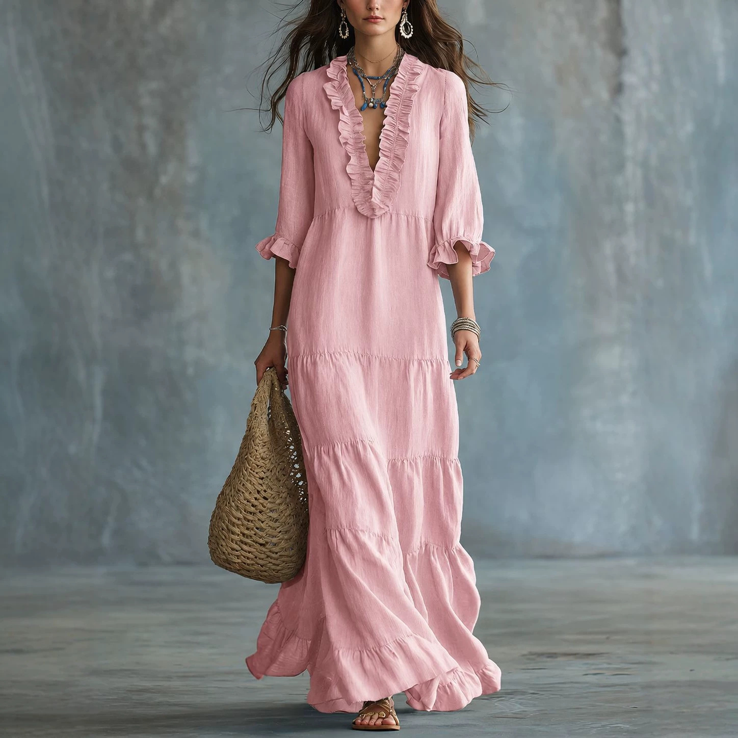 European and American cross-border Amazon TK women's bohemian V-neck layered casual flowy long ruffle dress - Image 4