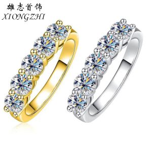 S925 Sterling Silver Five-Diamond Moissanite Pair Ring Classic Four-Prong Full Diamond Ring 18K Gold/White Gold Women's Ring Wholesale