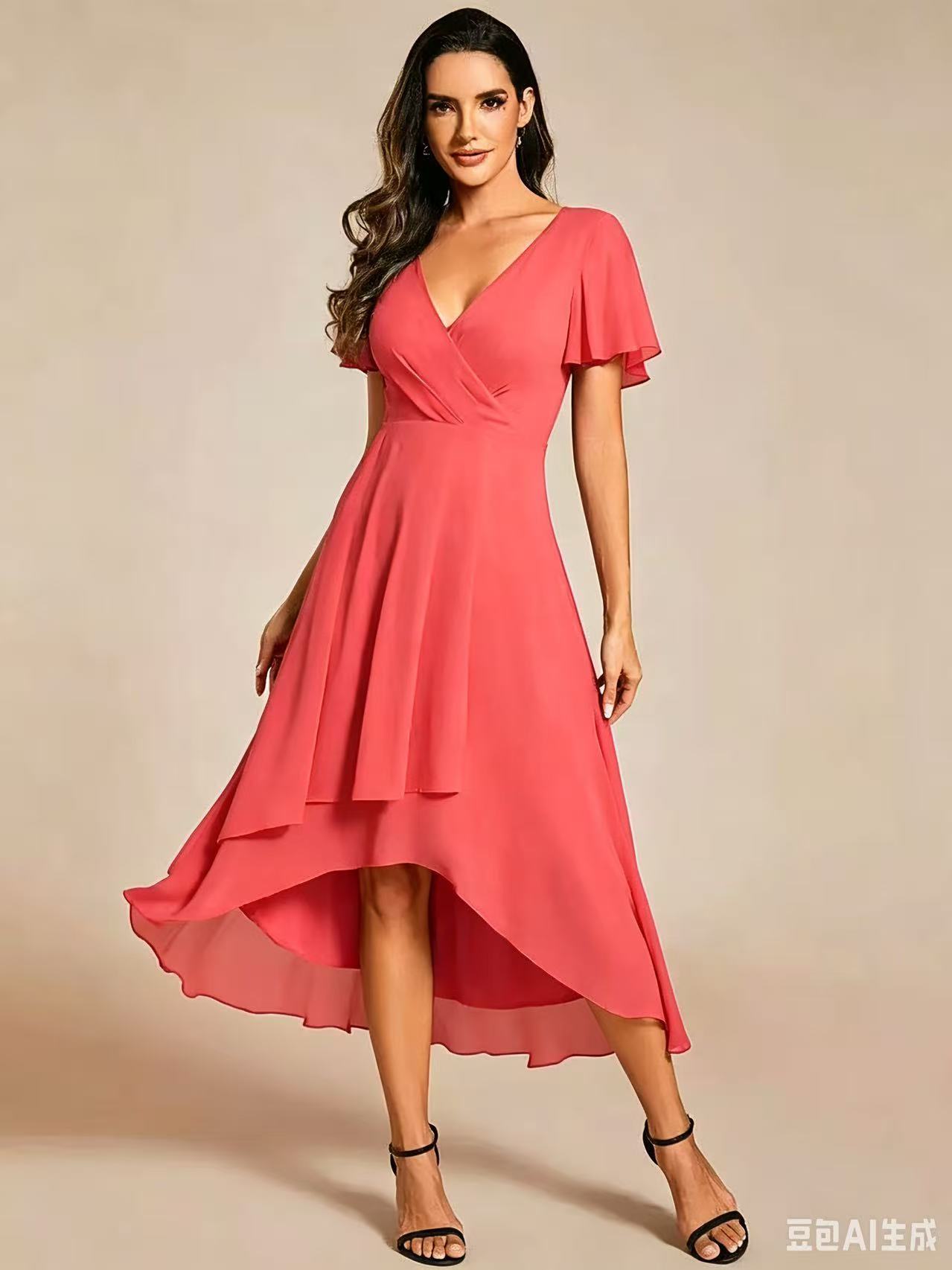 2025 Hot Selling New European and American Cross-border Summer Solid Color V-neck Ruffle Sleeve Chiffon Elegant Party Dress - Image 14