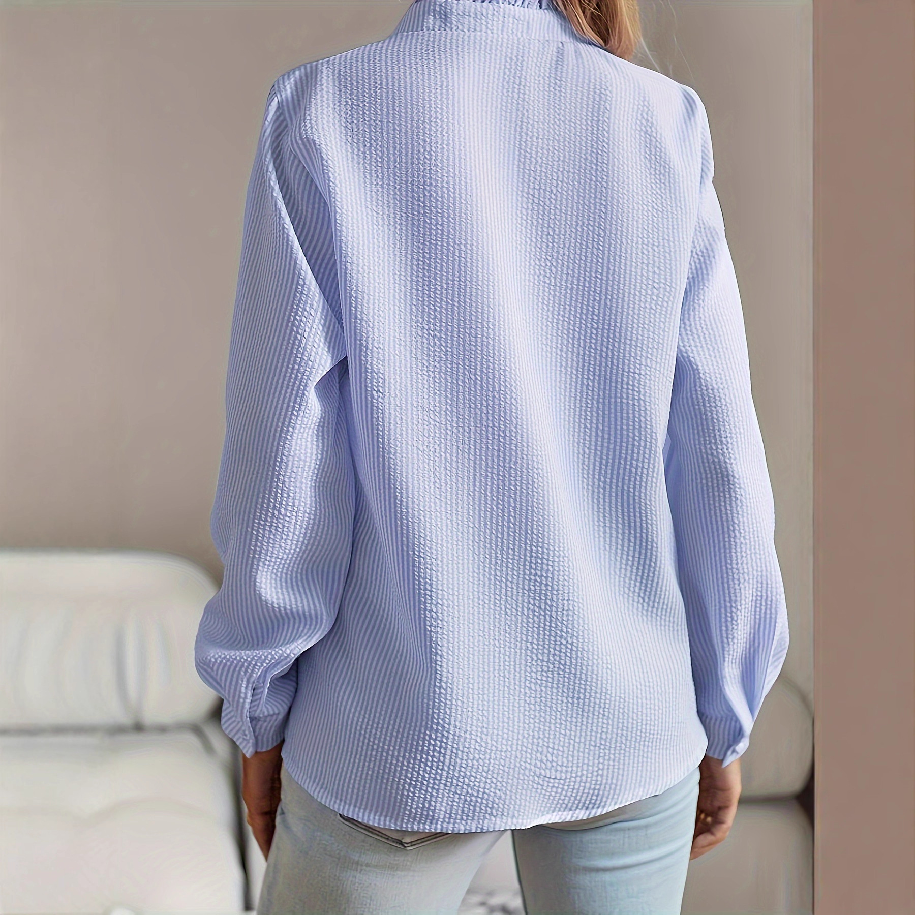 2025 New European and American Style Cross-border Stand Collar Autumn Ruffled Trim Cardigan Long Sleeve Bubble Top Women's Shirt - Image 3