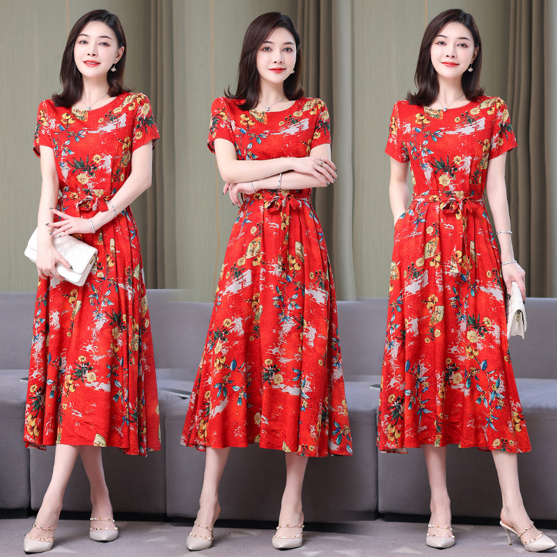 Artificial cotton silk dress women's clothing 2023 summer new middle-aged mother mid-length over-the-knee plus-size loose skirt - Image 18