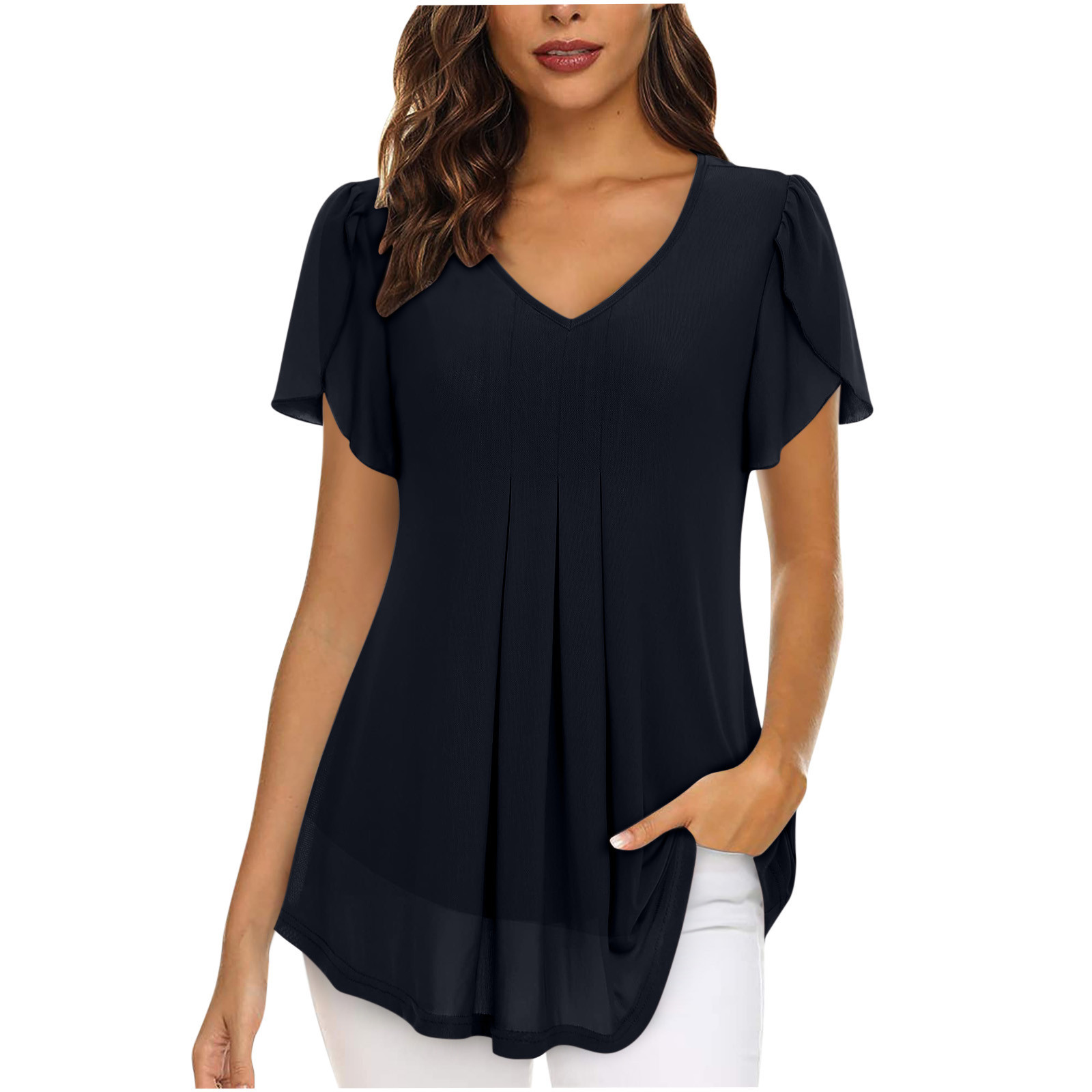 2023 European and American style women's chiffon blouse with petal-shaped short sleeves, waist-cinching top, summer casual T-shirt with pleats
