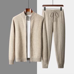 2025 Autumn/Winter Two-Piece Set: Double-Stretch Thick Stand Collar Wool Cardigan, Loose Fit Casual Pants, Sportswear