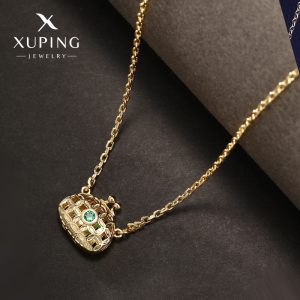 Xuping Jewelry 14K Gold Plated Copper Alloy Hollow-Out Bag Pendant Necklace, Feminine Elegance Clavicle Chain