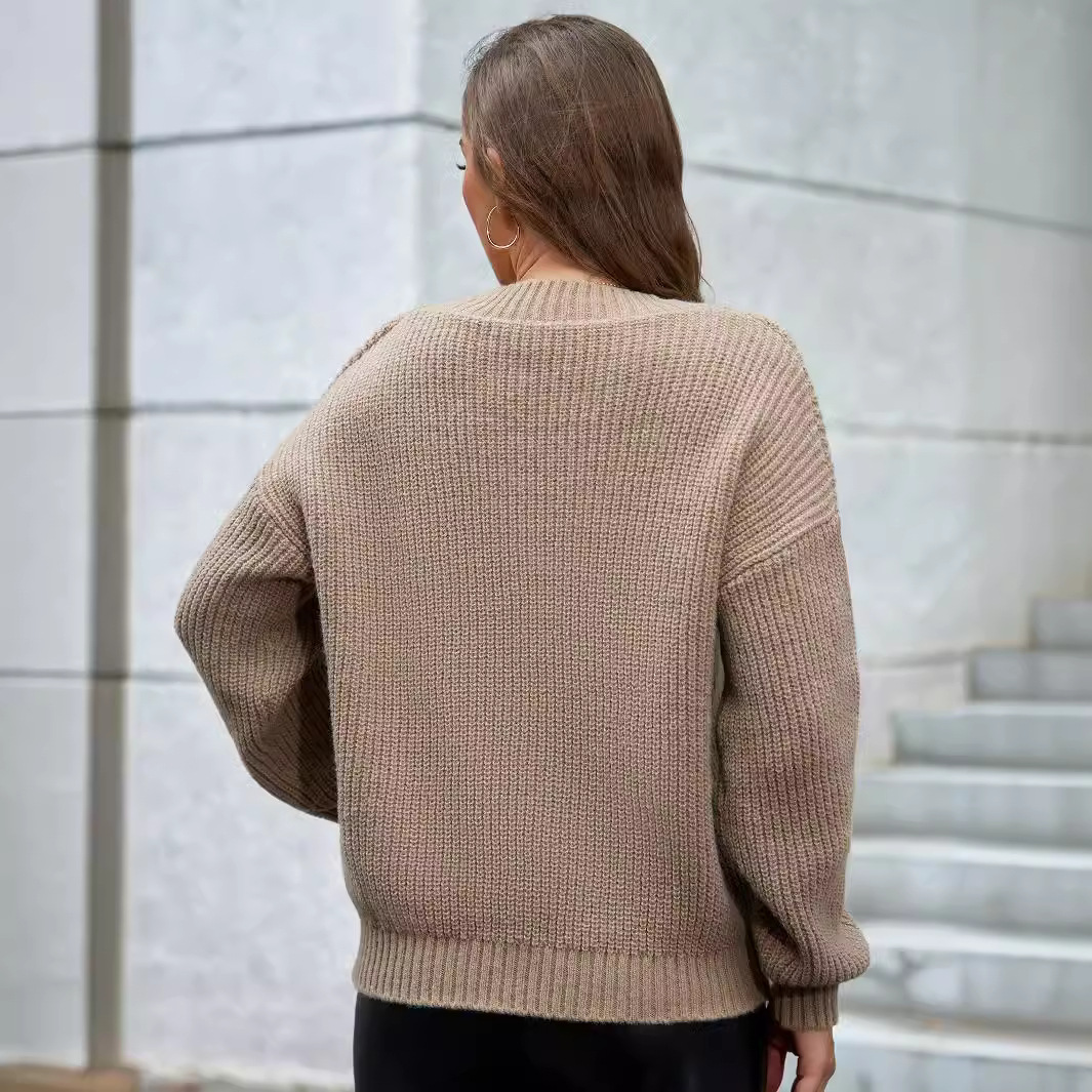 Amazon-style V-neck pullover long-sleeved sweater, cross-border foreign trade women's clothing, fashionable solid color, versatile knitted top. - Image 4