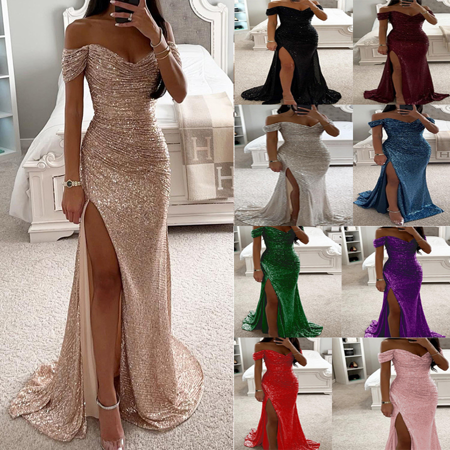 Cross-border 2025 European and American new style party sequined off-shoulder slit dress, INS casual fashion dress for women.