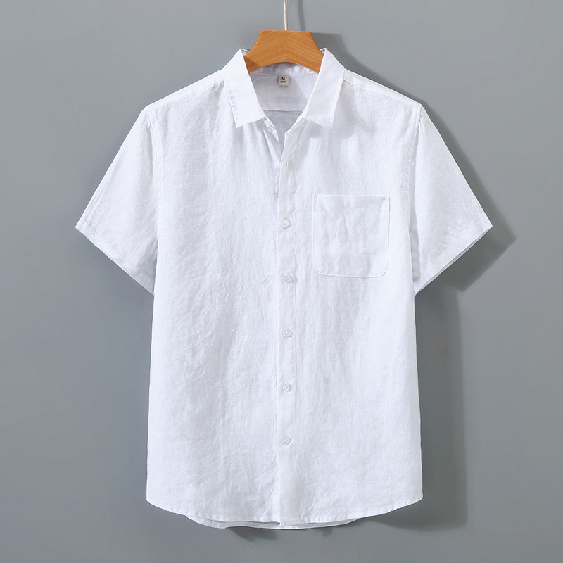 Summer linen short-sleeved shirt for middle-aged men's business casual pure linen pocket shirt loose cardigan half-sleeved linen clothing - Image 26