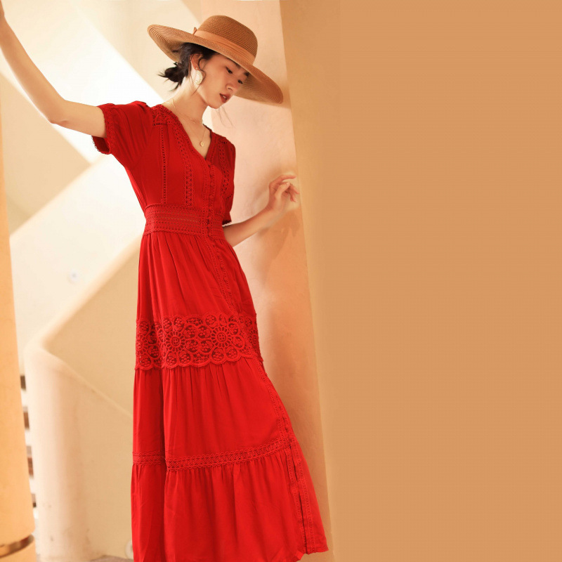 2025 Summer New Style Elegant Travel Dress, Slimming and Stylish, French V-Neck, Perfect for Summer Beach Vacations (F550) - Image 4