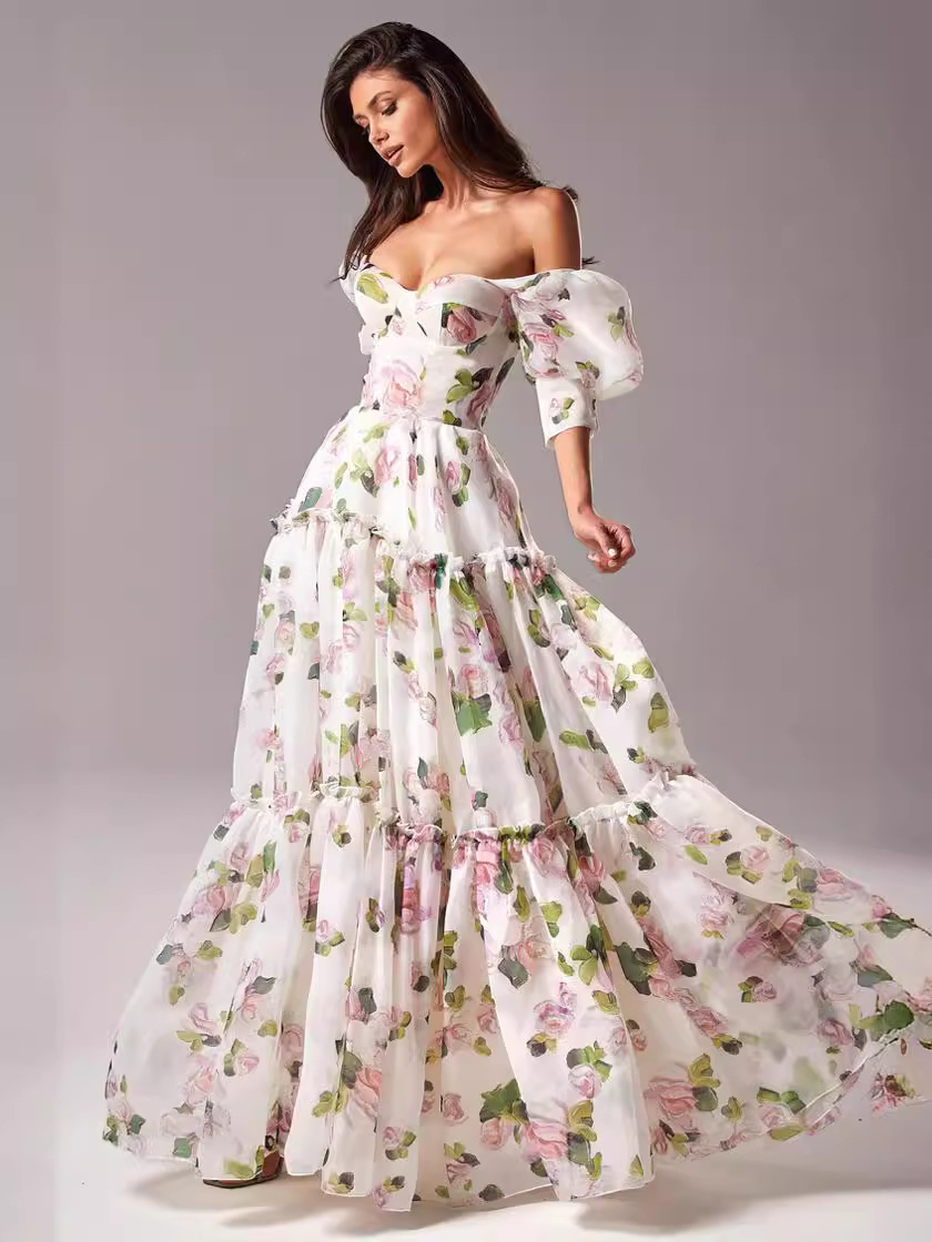 New European and American cross-border style off-shoulder European and American women's fashion organza fairy long elegant evening dress - Image 5