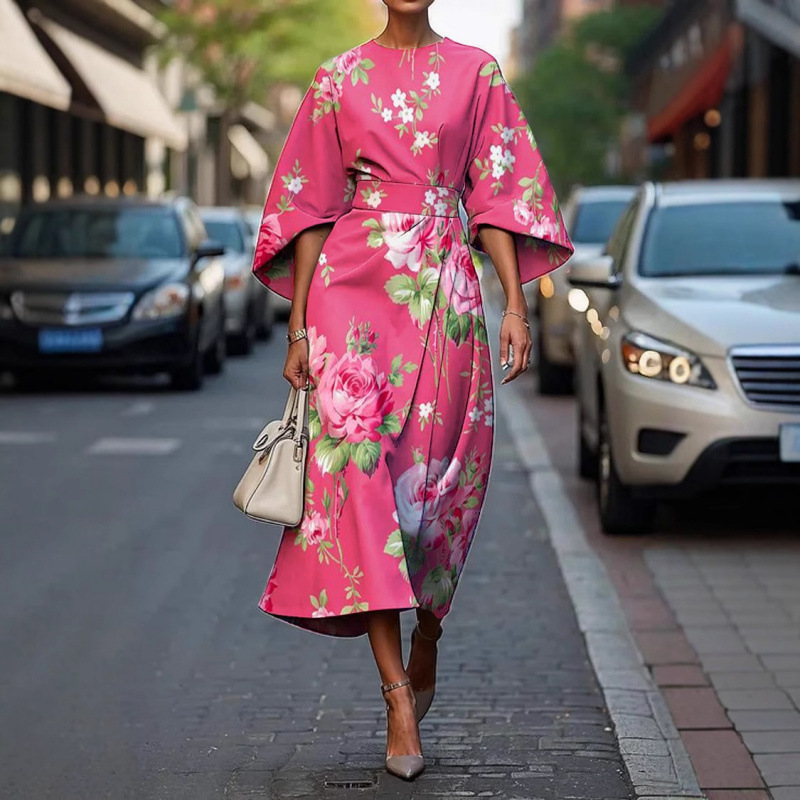 2025 Cross-Border Independent Website: Spring/Summer Round Neck Three-Quarter Batwing Sleeve Printed Elegant Women's Dress - Image 3