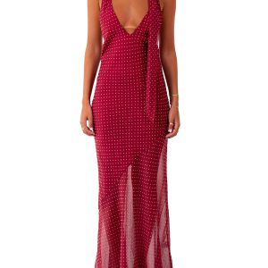 Women's Polka-Dot V-Neck Open-Back Maxi Dress