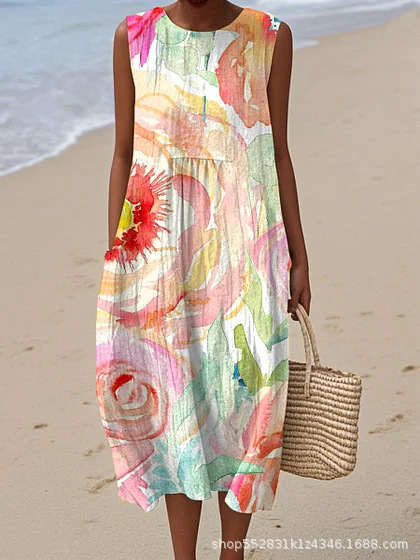 2025 European and American spring and summer new sleeveless casual printed temperament long dress slim small fresh casual dress - Image 12