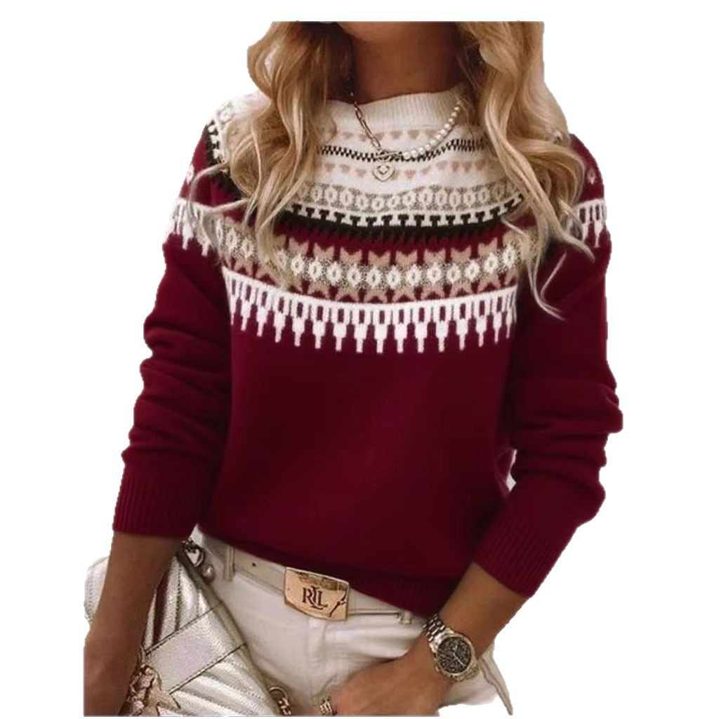 Wish Hot Selling Amazon New European and American Style Sweater Women's Round Neck Color Block Loose Fashion Pullover Knit Sweater - Image 4