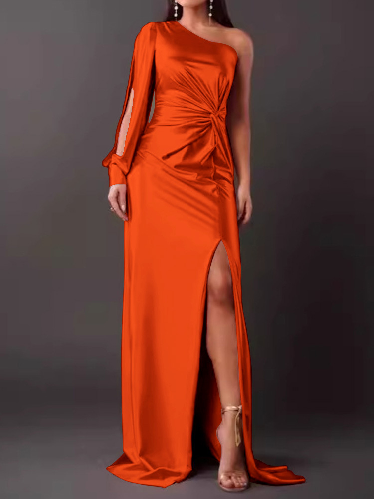 2024 summer new European and American Amazon cross-border women's clothing oblique collar raglan sleeves pleated waist slit sexy long skirt - Image 9