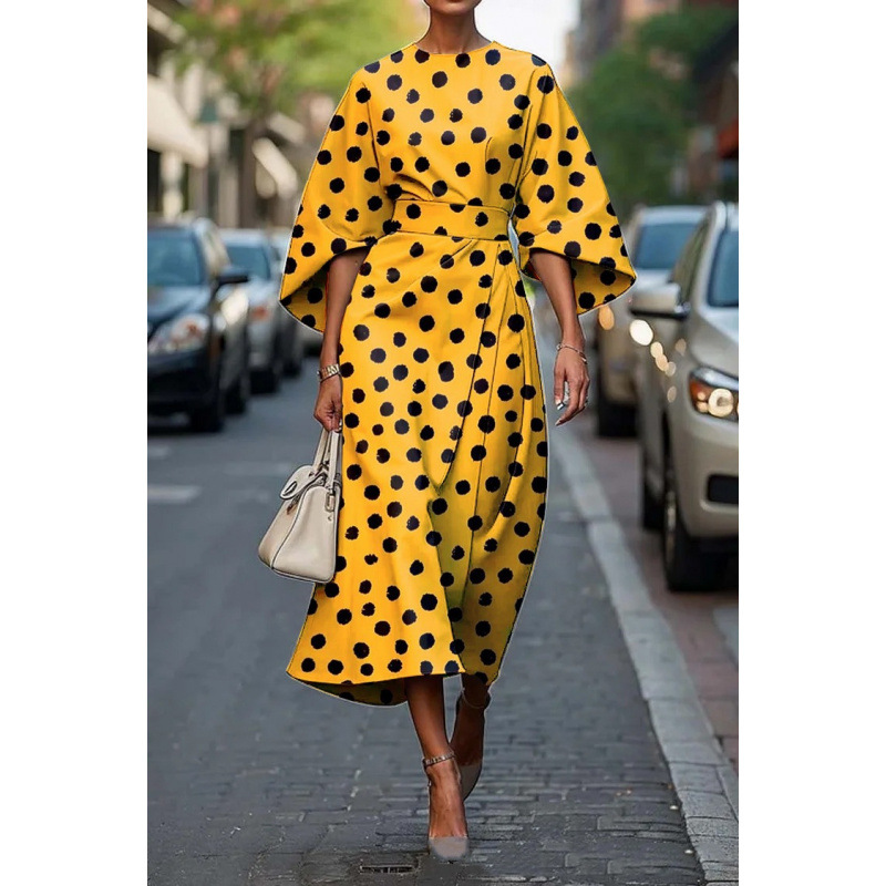 2025 Cross-Border Independent Website: Spring/Summer Round Neck Three-Quarter Batwing Sleeve Printed Elegant Women's Dress - Image 5