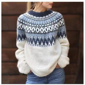 Amazon European and American new sweater women's wish hot sale round neck color matching loose fashion pullover sweater