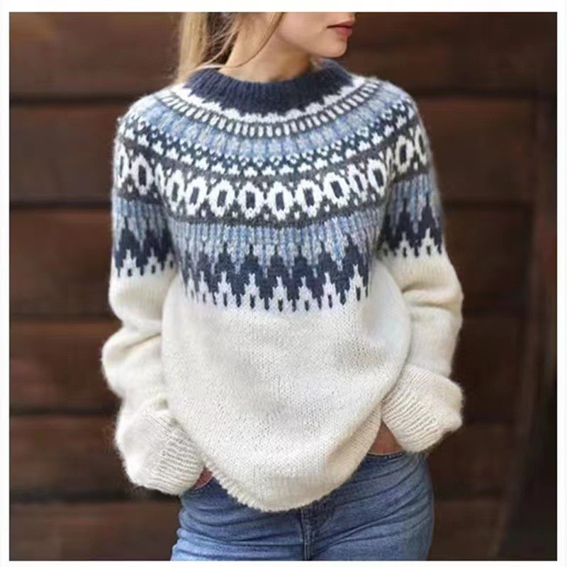 Amazon European and American new sweater women's wish hot sale round neck color matching loose fashion pullover sweater