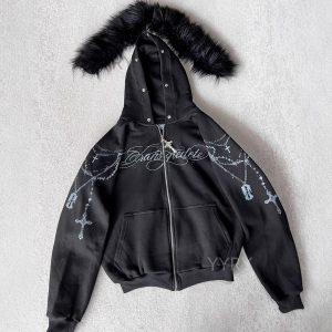 European and American personalized printed zipper detachable fur hat sweatshirt sweatpants set long-sleeved pullover hoodie wholesale