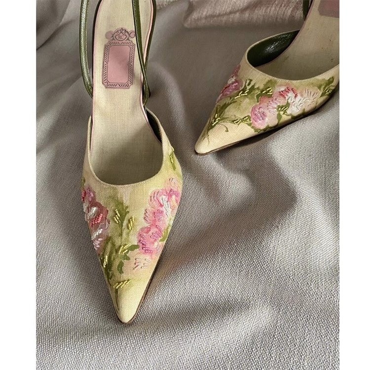 Embroidered pointed stiletto high heels 2024 new summer Chinese style shallow mouth hollow single shoes women's closed toe sandals - Image 4