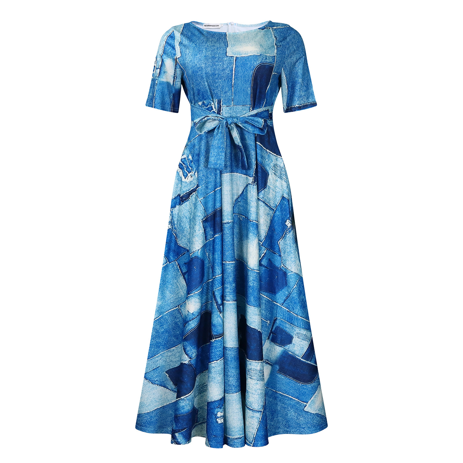 D3266 Cross-border Women's Clothing 2024 New Fashionable and Elegant Tie-waist Plus Size Short Sleeve Full Skirt Dress (Foreign Trade) - Image 6