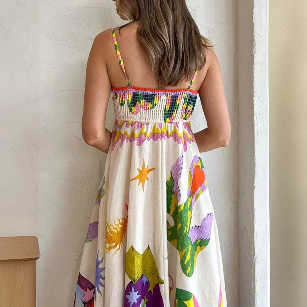 Cross-border European and American 2026 Summer Independent Store Elegant Printed Sleeveless High-Waisted Full Swing Suspender Dress - Image 2