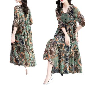 Fashion temperament middle-aged and elderly women's clothing 2023 summer new large-size loose slim retro print short-sleeved dress