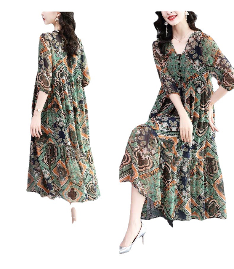 Fashion temperament middle-aged and elderly women's clothing 2023 summer new large-size loose slim retro print short-sleeved dress