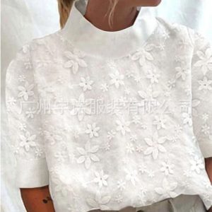 Amazon, Wish, AliExpress 2023 New European and American Style Cotton Linen Embroidered Collar Short-Sleeve Shirt, In Stock