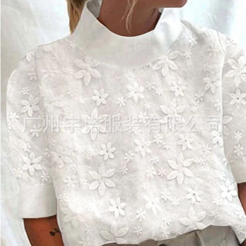 Amazon, Wish, AliExpress 2023 New European and American Style Cotton Linen Embroidered Collar Short-Sleeve Shirt, In Stock